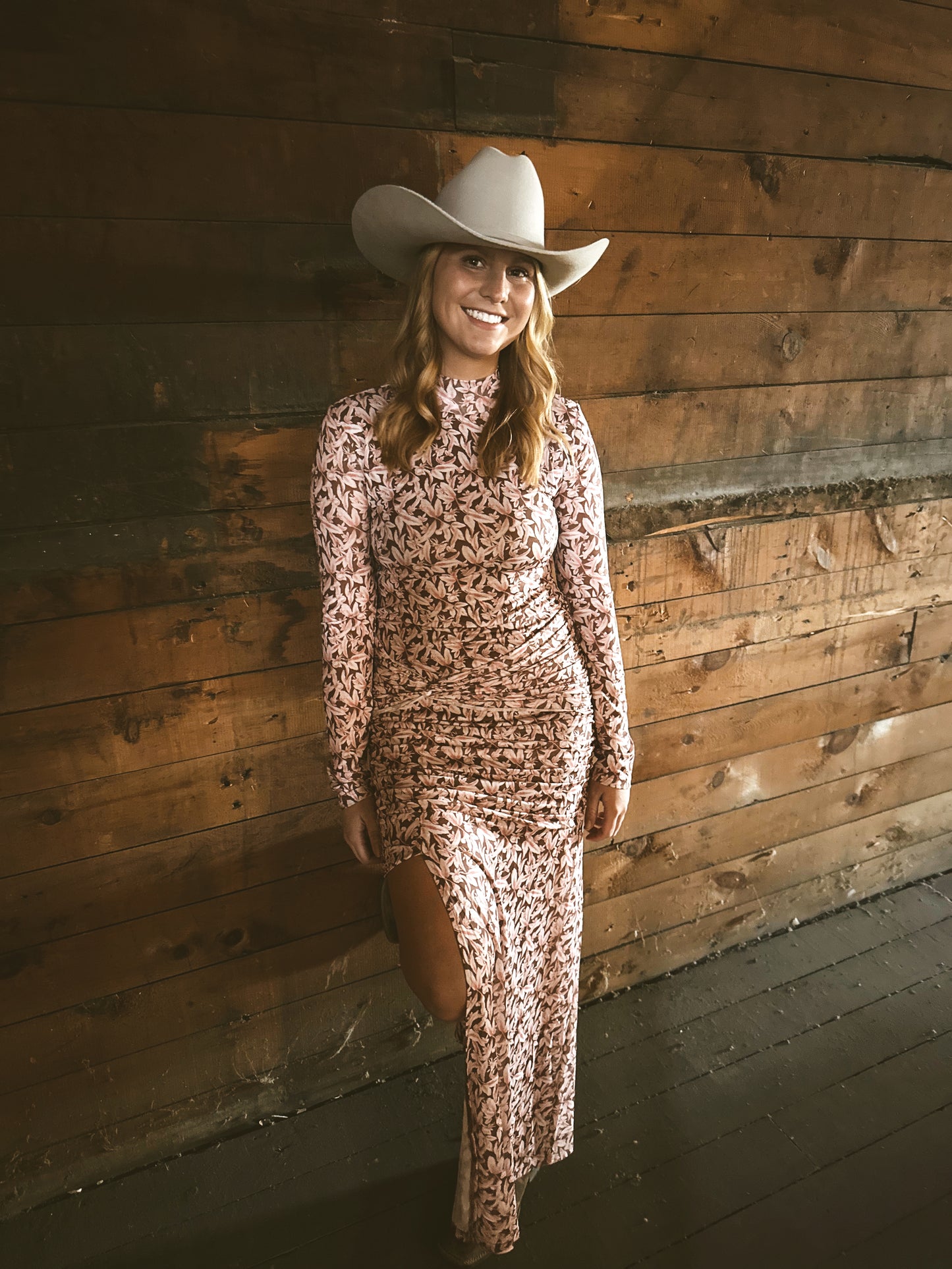 Floral Ruched Waist Long Sleeve Dress