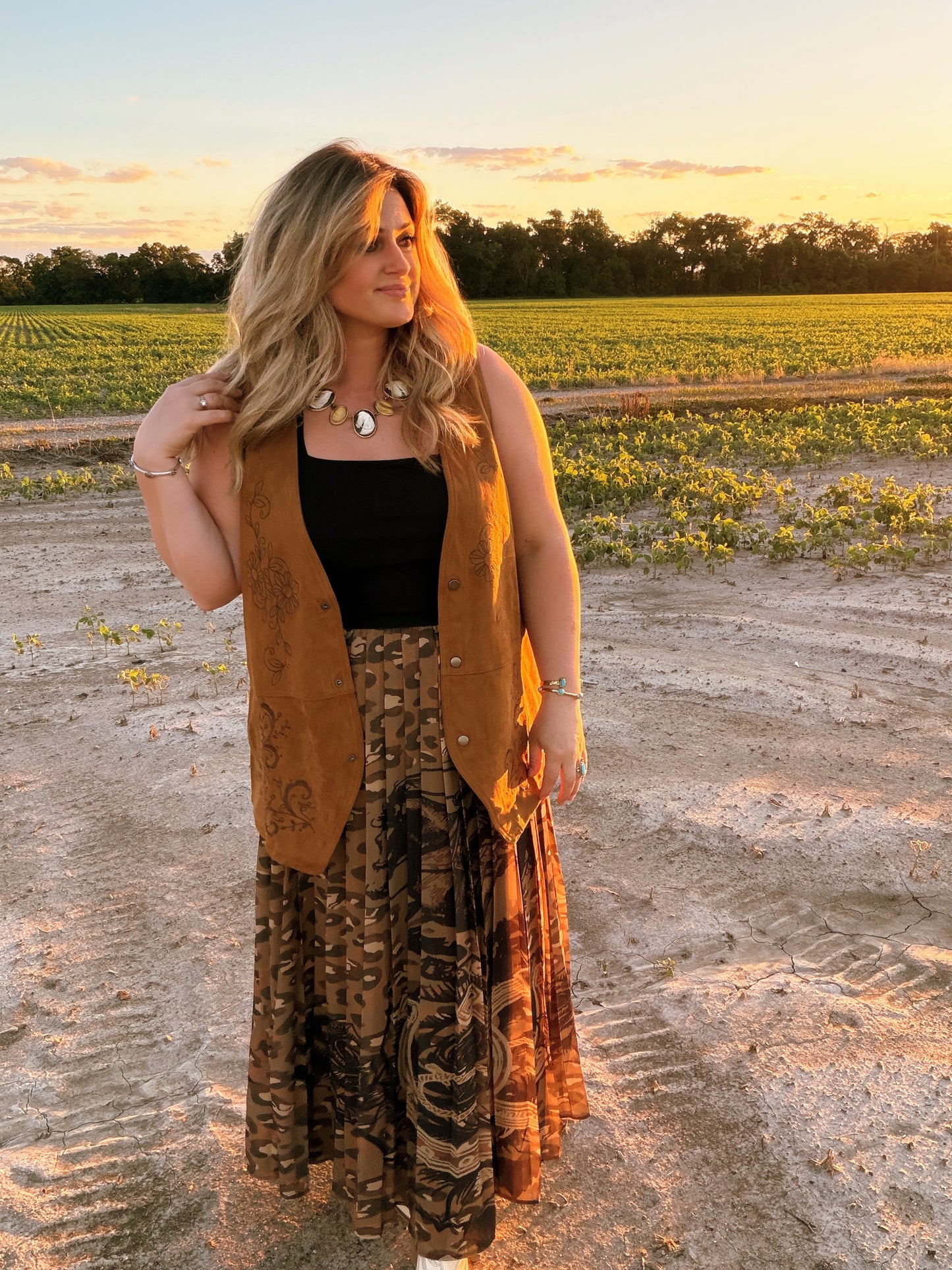 Embroidered Faux Suede Vest (Brown)