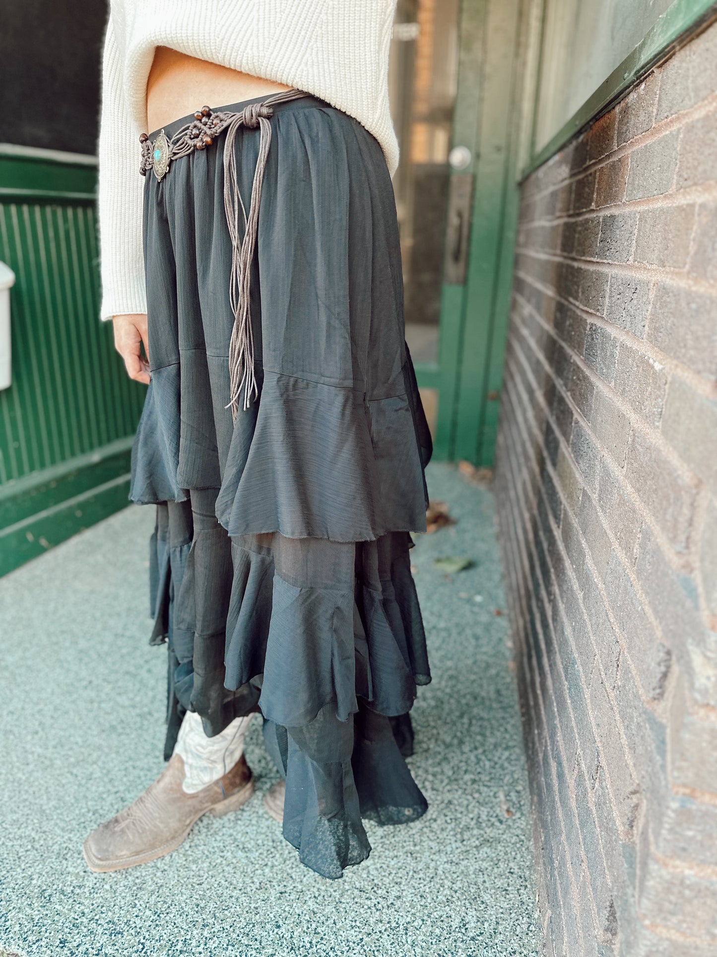 Tiered Ruffle Maxi Skirt Black