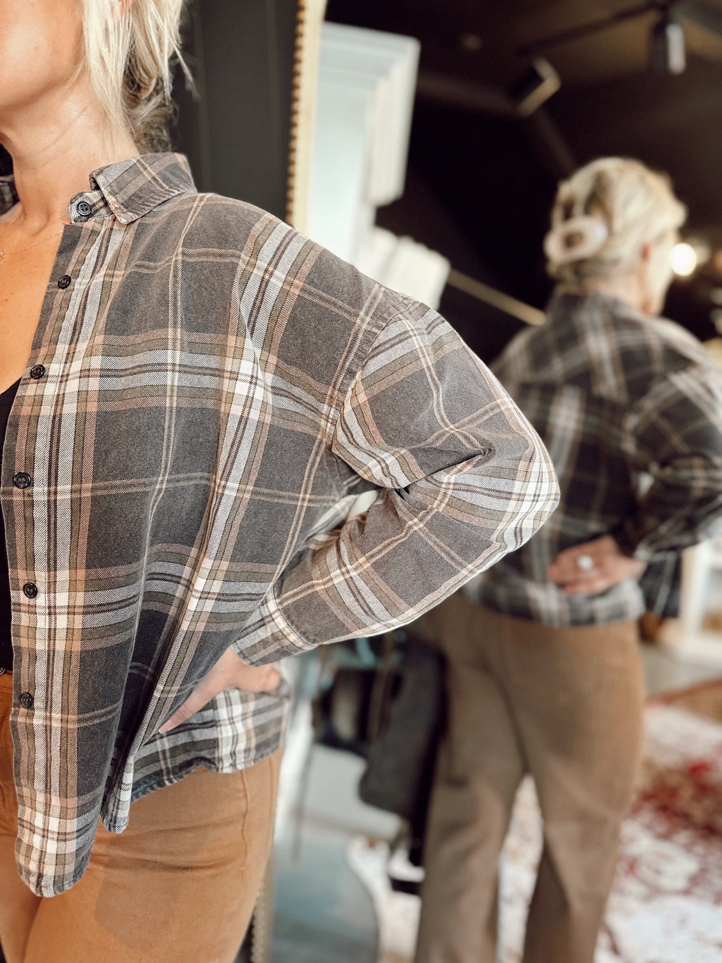 The Ashford Plaid Button Down Top - Black