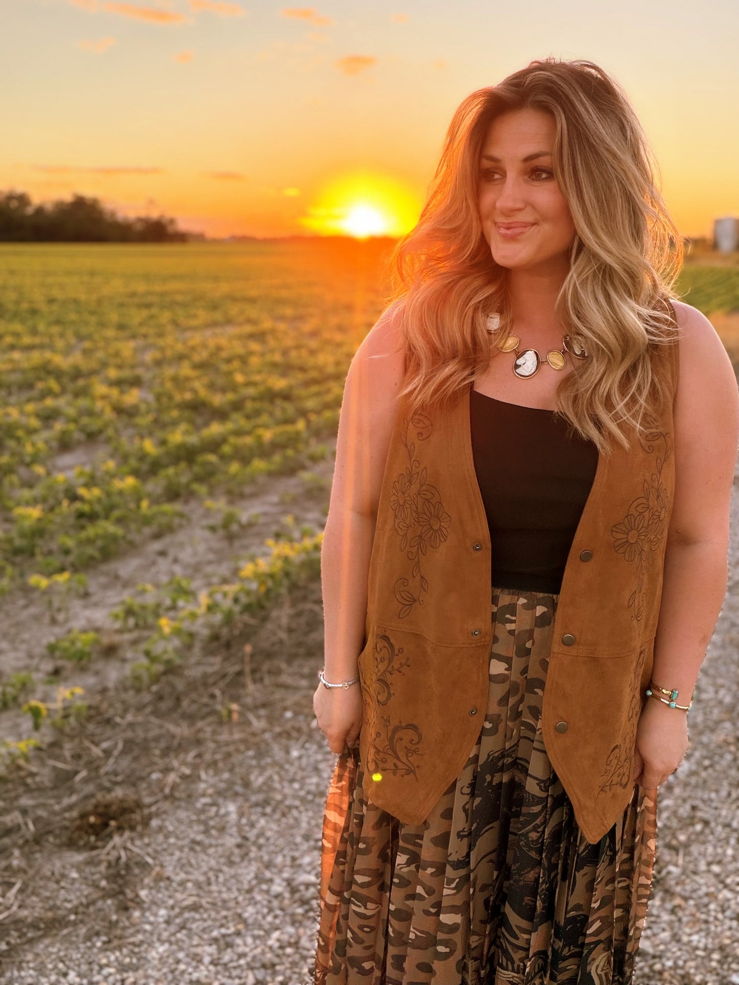 Embroidered Faux Suede Vest (Brown)