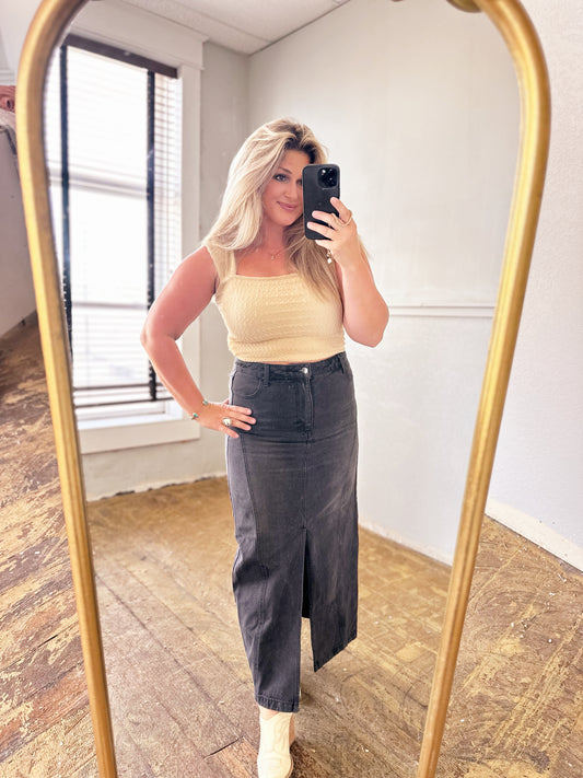 Black Denim Midi Skirt