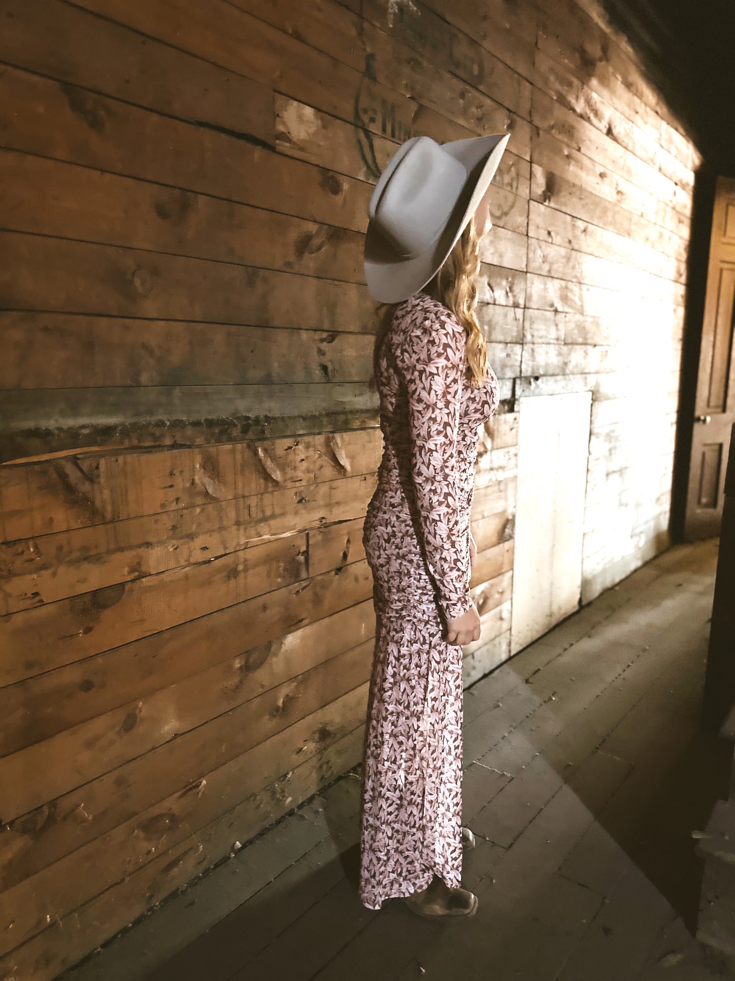 Floral Ruched Waist Long Sleeve Dress