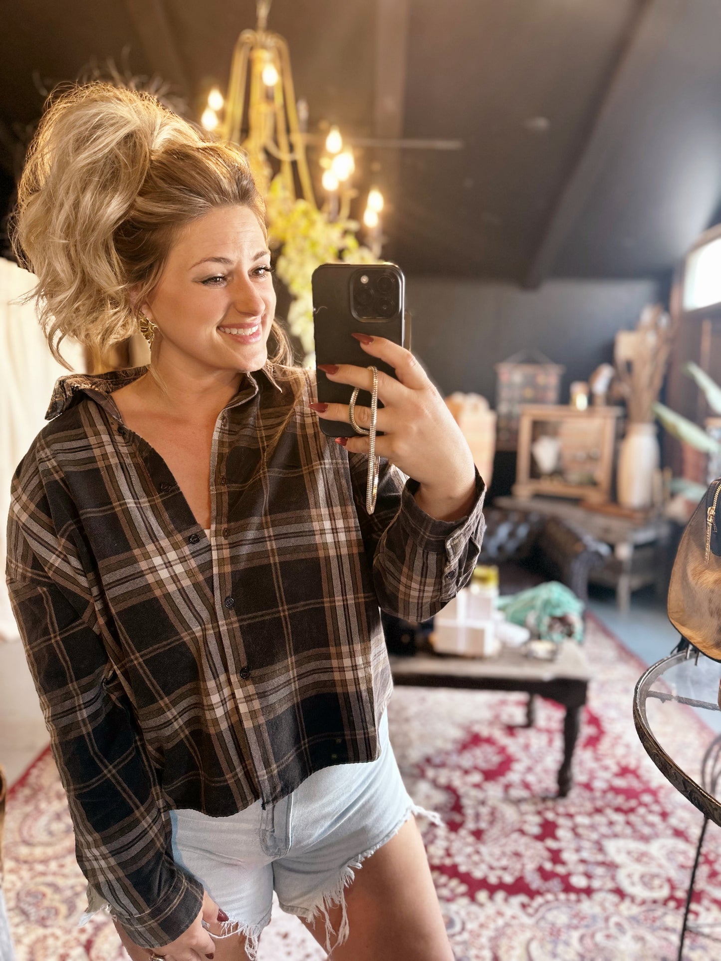 The Ashford Plaid Button Down Top - Black