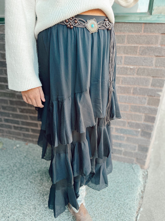 Tiered Ruffle Maxi Skirt Black