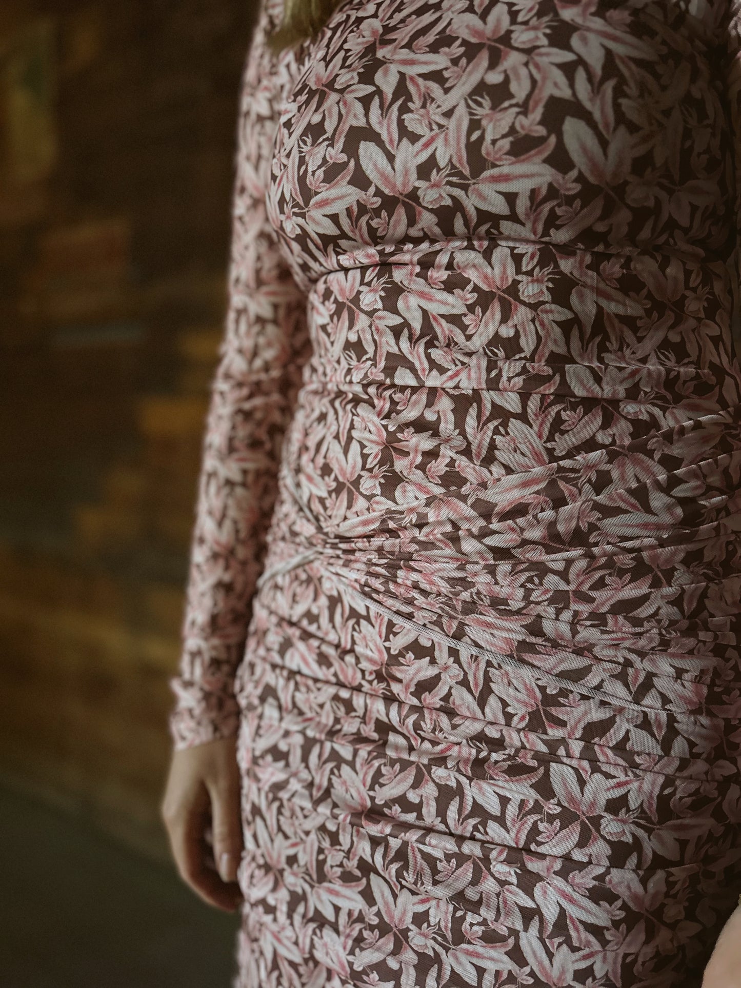 Floral Ruched Waist Long Sleeve Dress